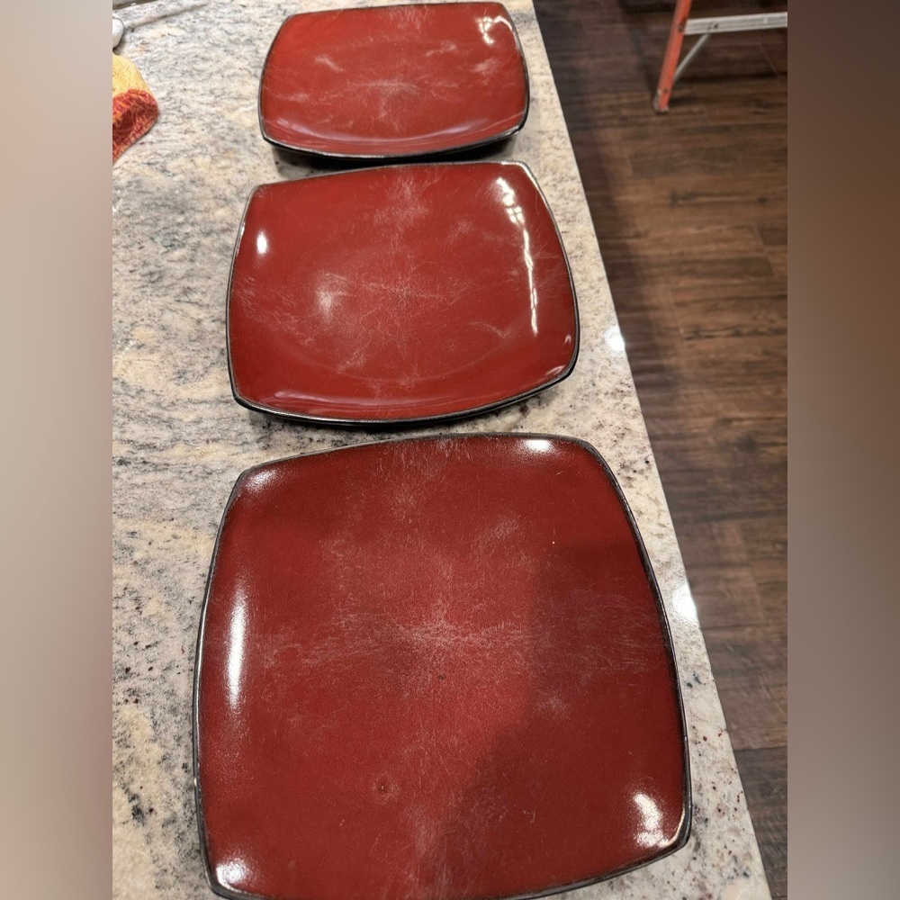 Set of 3 glass Red white washed Square Plates 10x10in